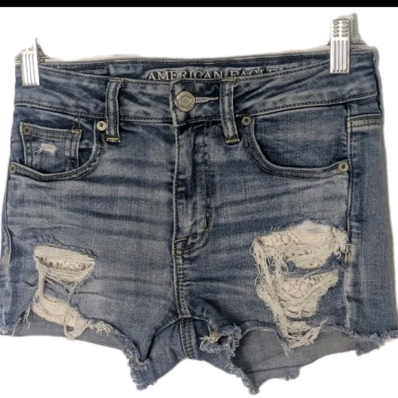 American Eagle Hi Rise Shortie Shorts 0 Distressed Next Level Stretch Women Lace - Picture 1 of 16